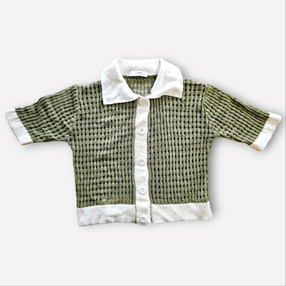Twee K-Brand Open Knit Crochet Button Down Short Sleeve Collared Blouse Shirt S